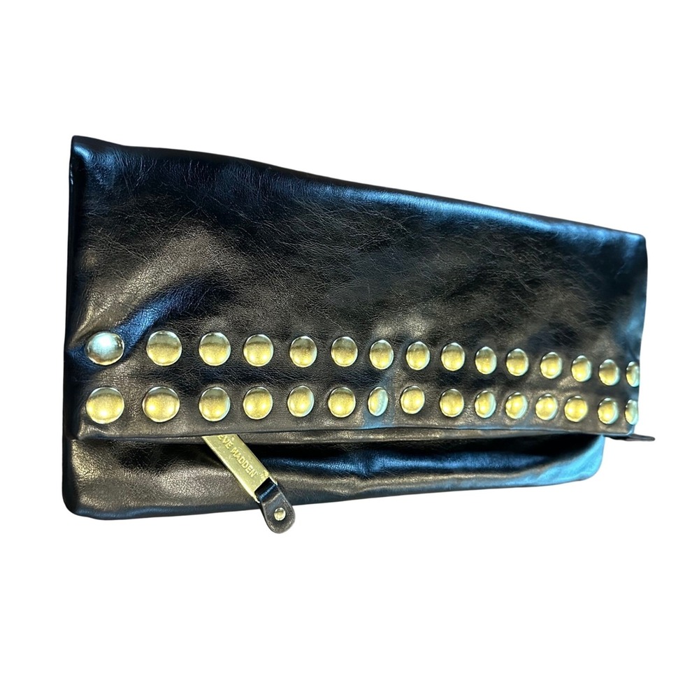 Steve Madden Black Faux Leather Studded Foldover Clutch Bag 13x7.5 Gold Hardware - Picture 3 of 9